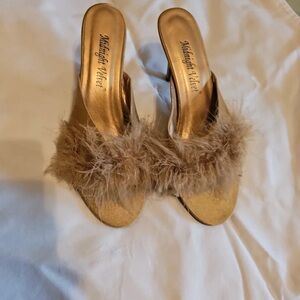 Midnight Velvet Gold Feathered Mules